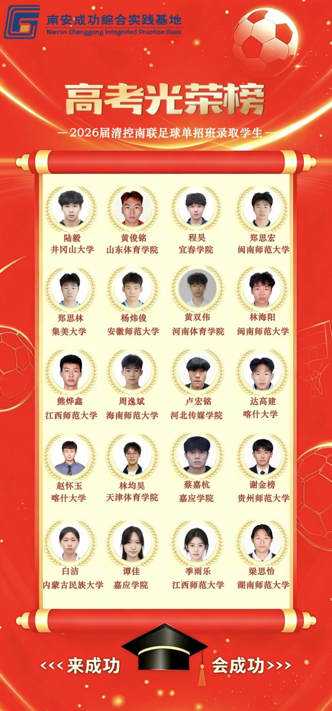 清控南联足球单招班20名学子金榜题名，整体录取率85%