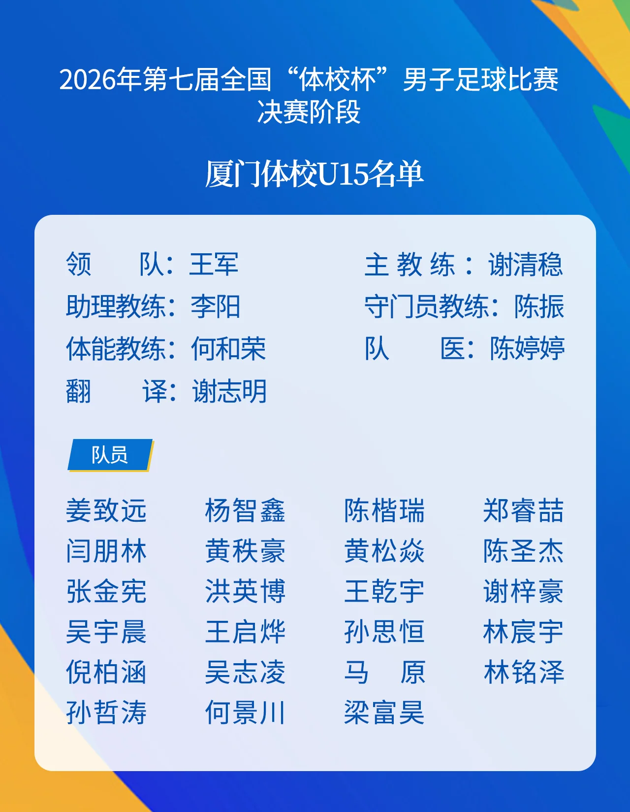 厦门市体校U15参赛名单